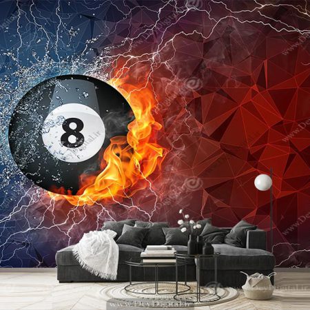 پوستر سه بعدی طرح توپ بیلیارد آتشی زمینه آبی قرمز
