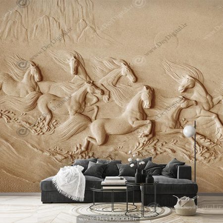 پوستر دیواری سه بعدی گچبری طرح اسب های وحشی