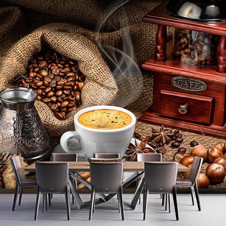 پوستر سه بعدی کافی شاپ با طرح دانه های قهوه و فنجان