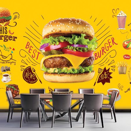 پوستر دیواری فست فود طرح همبرگر با زمینه زرد