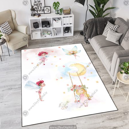 فرش چاپی اتاق نوزاد طرح عروسکی دختر و فرشنه