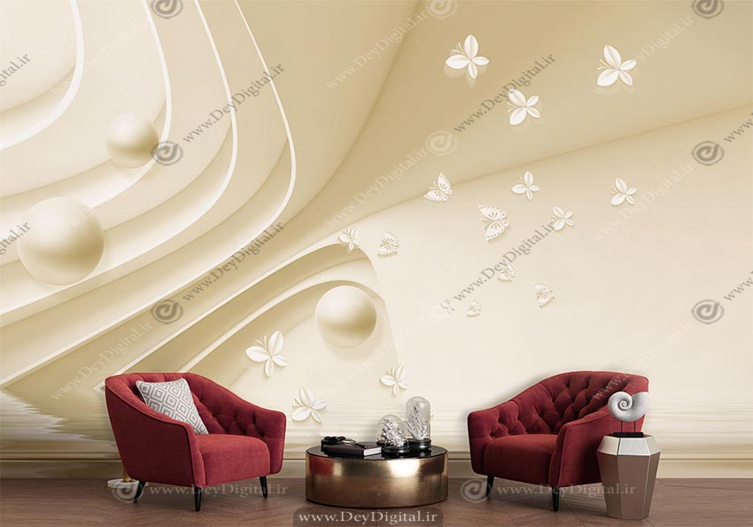 پوستر دیواری سه بعدی طرح هندسی و پروانه رنگ طلایی