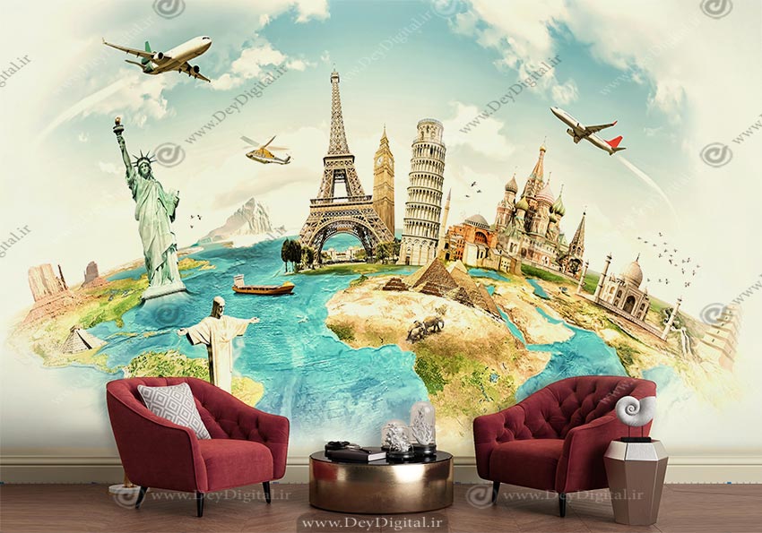 پوستر دیواری آژانس هواپیمایی طرح اماکن دیدنی جهان