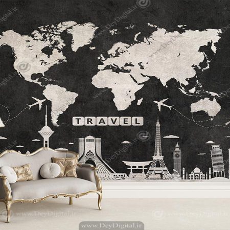 پوستر دیواری آژانس هواپیمایی طرح نقشه و اماکن ایران سیاه سفید