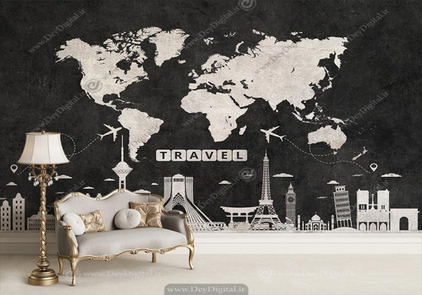 پوستر دیواری آژانس هواپیمایی طرح نقشه و اماکن ایران سیاه سفید