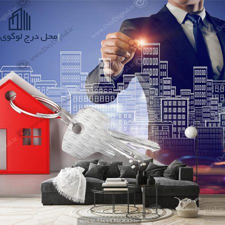 پوستر دیواری مناسب املاک طرح مرد جنتلمن و کلید و خانه