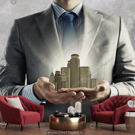 پوستر دیواری برای املاک طرح ساختمان ها در دست مرد جنتلمن