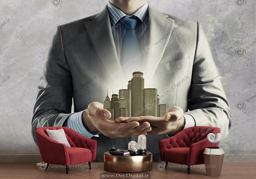 پوستر دیواری برای املاک طرح ساختمان ها در دست مرد جنتلمن