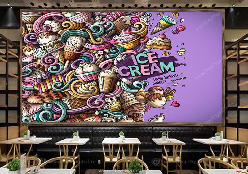 کاغذ دیواری طرح گرافیکی بستنی و کیک زمینه بنفش