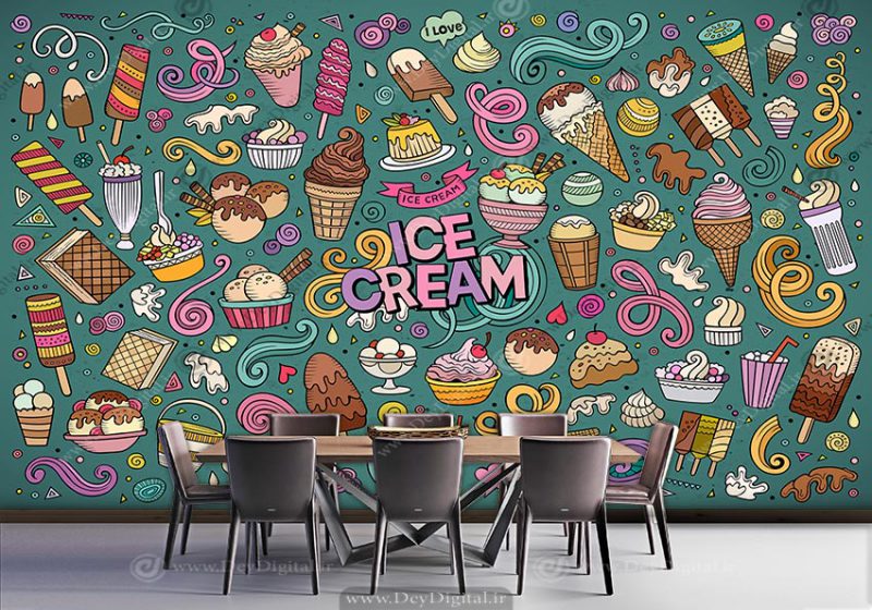 پوستر دیواری طرح گرافیکی بستنی قیفی و میوه ای