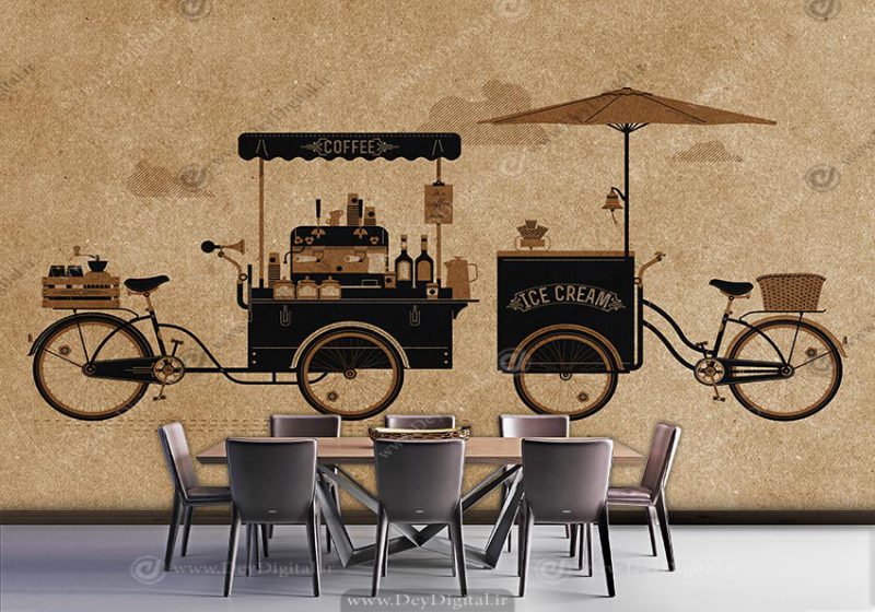 پوستر دیواری طرح گاری بستنی فروشی زمینه قهوه ای روشن