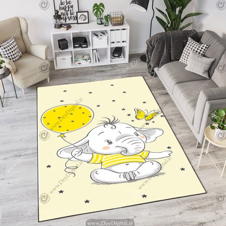 فرش چاپی طرح عروسکی فیل و پروانه و بادکنک زمینه کرمی
