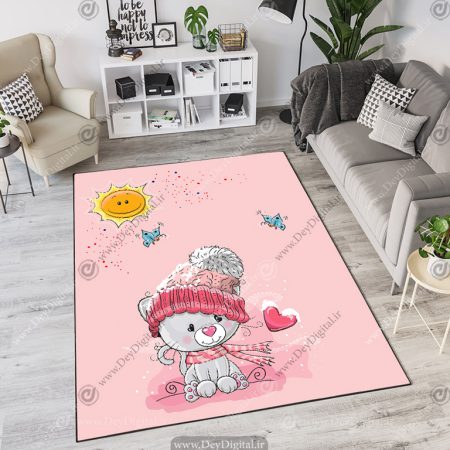 فرش چاپی طرح عروسکی گربه زمینه صورتی