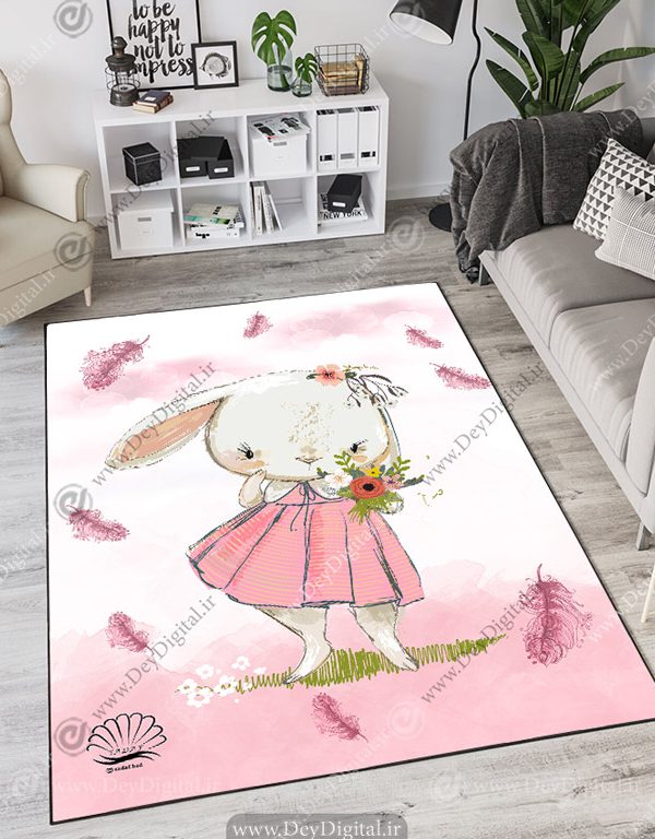 فرش چاپی طرح کودکانه خرگوش با دامن صورتی
