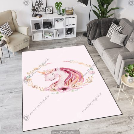 فرش چاپی طرح نقاشی اسب تک شاخ زمینه صورتی