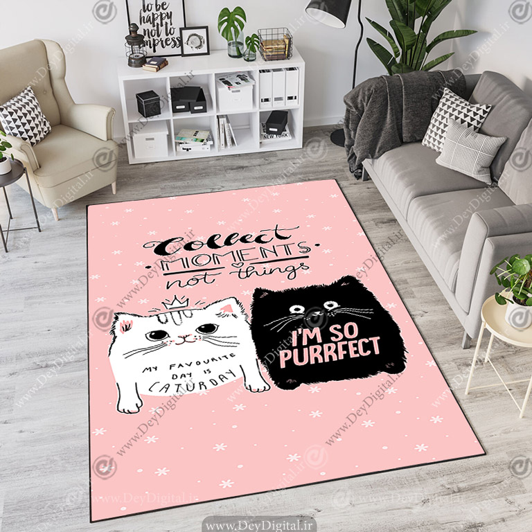 فرش چاپی طرح عروسکی گربه های سفید و مشکی