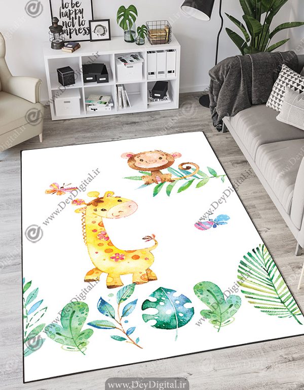 فرش چاپی طرح کودکانه زرافه و میمون