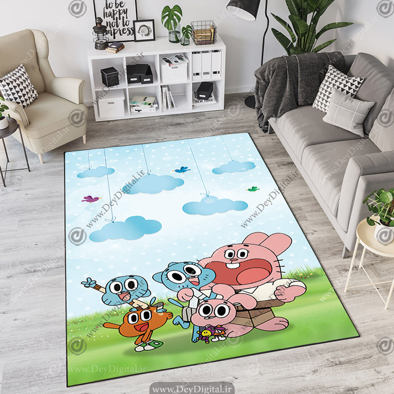 فرش چاپی طرح عروسکی خرگوش ها و فضای سبز