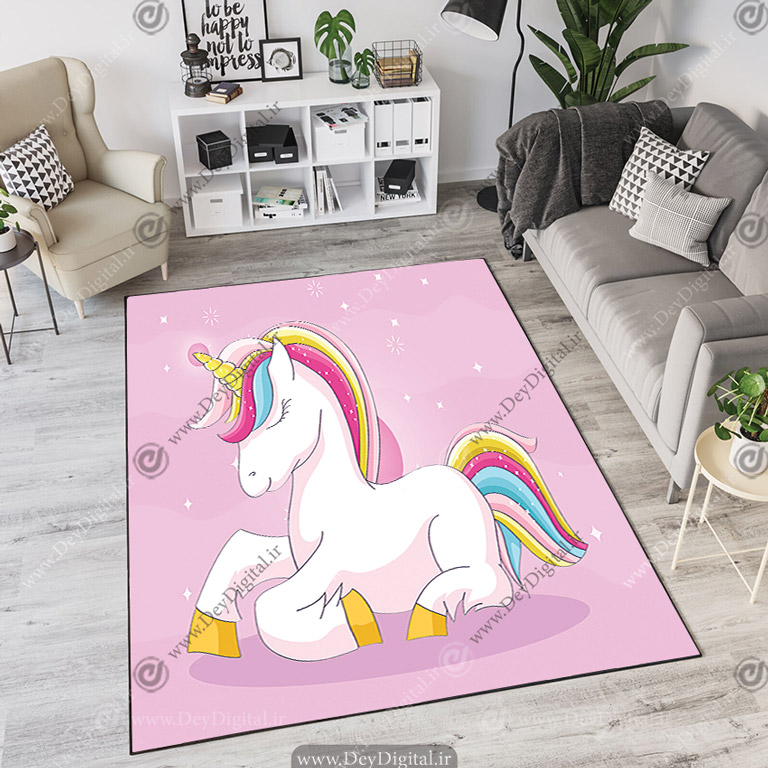 فرش چاپی طرح اسب تک شاخ با یال های رنگی