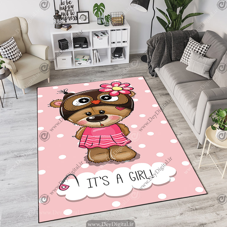 فرش چاپی طرح عروسکی خرسی زمینه صورتی