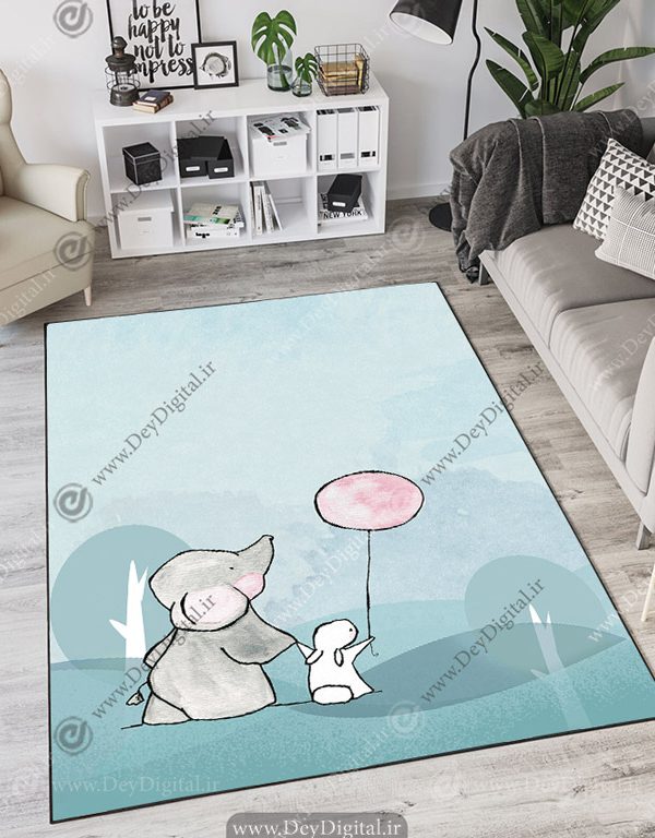 فرش چاپی طرح عروسکی فیل و خرگوش بادکنک