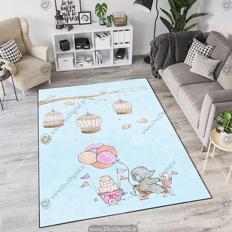 فرش چاپی طرح کودکانه فیل و کیک تولد و پرنده