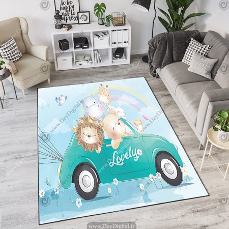 فرش چاپی طرح کودکانه حیوانات ماشین سوار