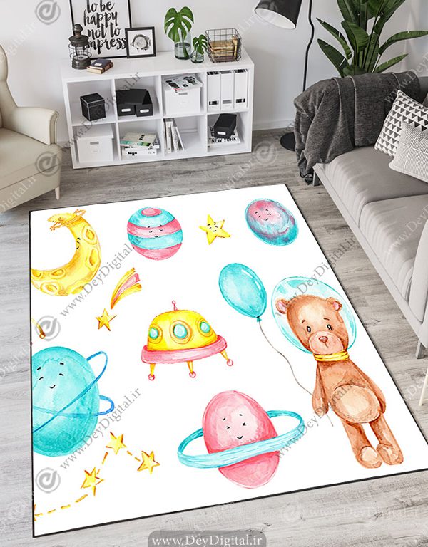 فرش چاپی طرح نقاشی بچگانه خرسی و سیاره و سفینه فضایی