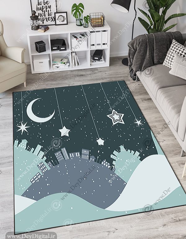 فرش چاپی طرح کودکانه ماه و ستاره و آسمان شب