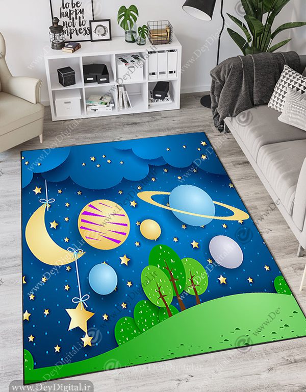 فرش چاپی اتاق کودک طرح گرافیکی ماه و ستاره و سیاره ها