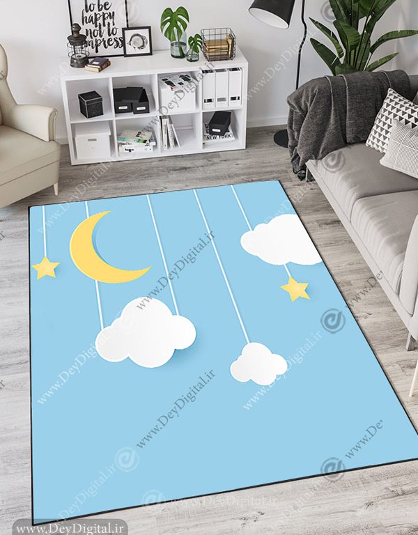 فرش چاپی طرح ماه و ابر و آسمان آبی