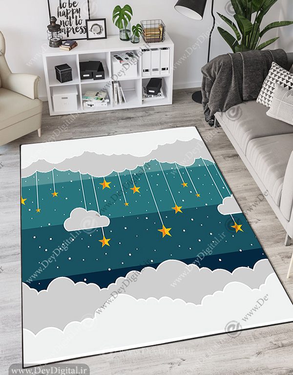 فرش چاپی طرح آسمان شب و ستاره و ابر