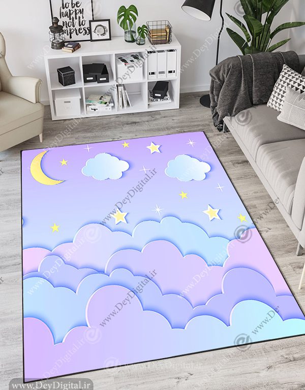 فرش چاپی طرح کودکانه ماه و ستاره طیف رنگی آبی بنفش