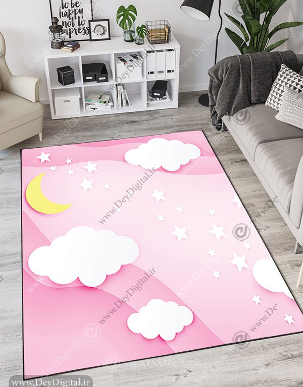 فرش اتاق کودک دخترانه طرح آسمان ابر و ستاره