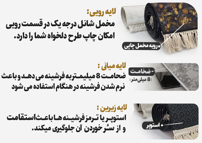 فرشینه با ضخامت ۹ میلی‌متر، بدون تار و پود ولی ریشه دوزی شده انتخابی ایده‌آل بین موکت و فرش است.
