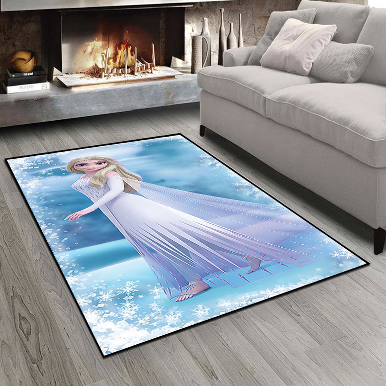 فرش چاپی طرح السا با لباس سفید زمینه آبی