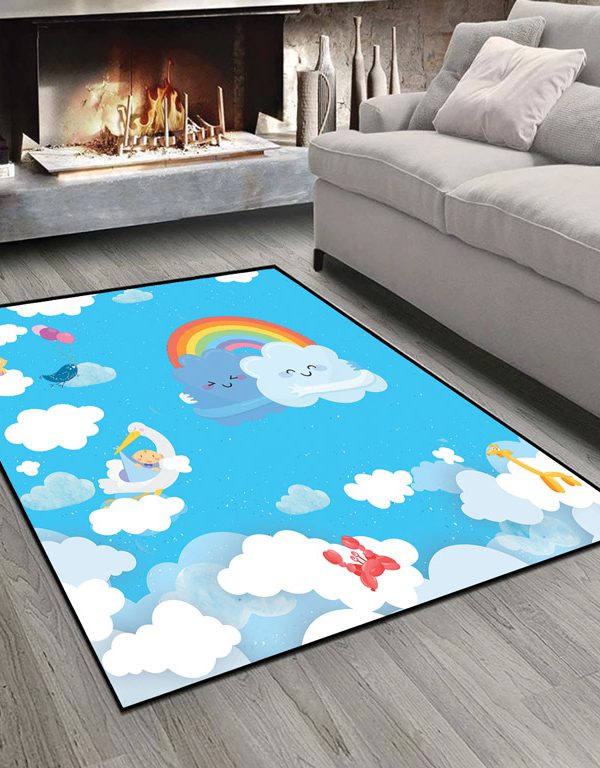فرش اتاق کودک طرح اسباب بازی حیوانات در آسمان ابری