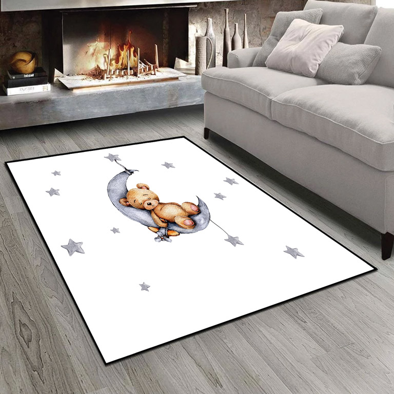 فرش چاپی طرح عروسک خرس نشسته بر ماه و ستاره