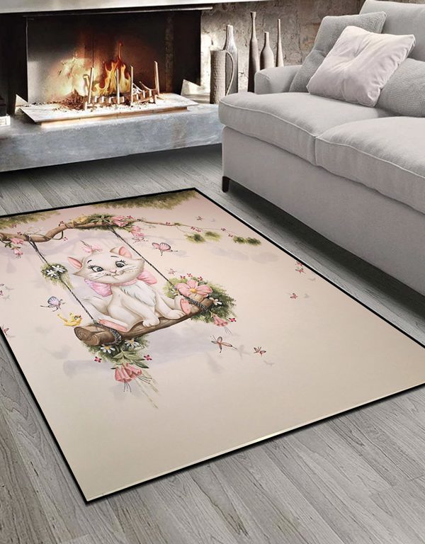 فرش چاپی طرح گربه عروسکی با پاپیون صورتی سوار تاب