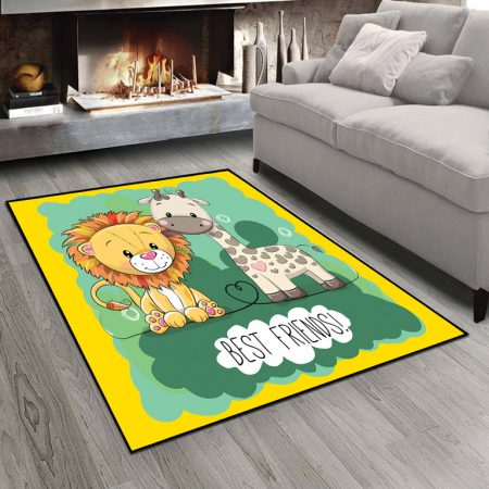 فرش چاپی طرح عروسکی فیل و زرافه زمینه سبز و زرد