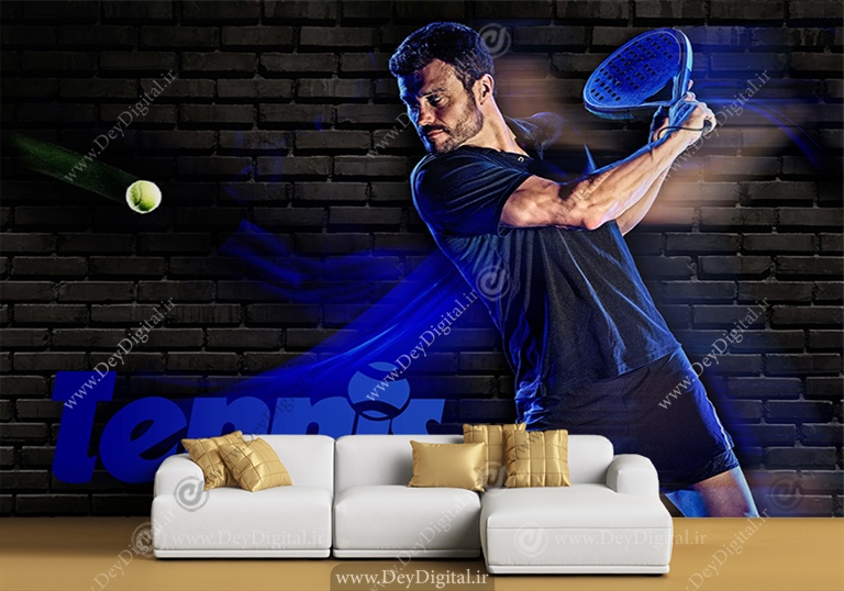 پوستر سه بعدی طرح بازیکن تنیسور در حال زدن توپ با راکت