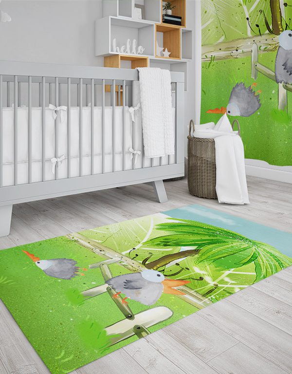 فرش چاپی طرح کودکانه کلاغ ها در دشت سبز