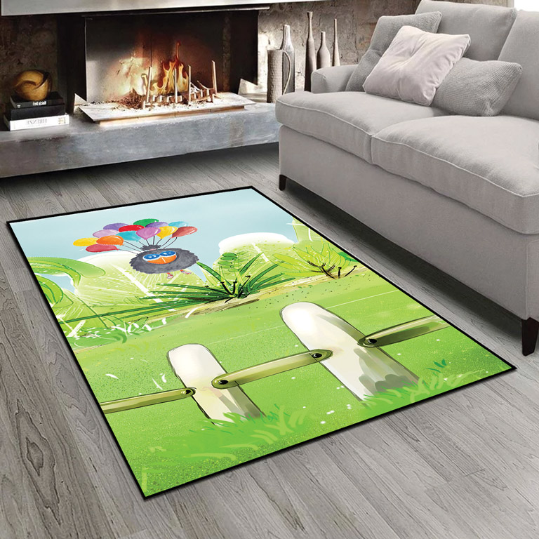 فرشینه طرح عروسکی کلاغ و بادکنک زنگارنگ در طبیعت