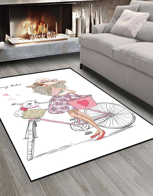 فرش چاپی طرح دختر پرنسسی سوار بر دوچرخه