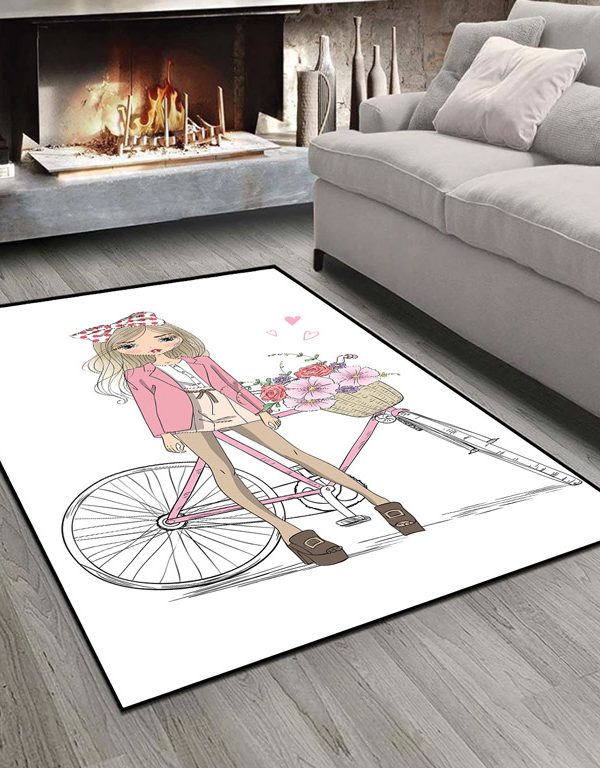 فرش دختر پرنسسی و دوچرخه زمینه سفید