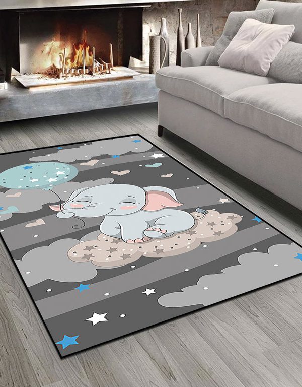 فرش چاپی طرح عروسکی فیل نشسته بر ابر در آسمان شب پر ستاره
