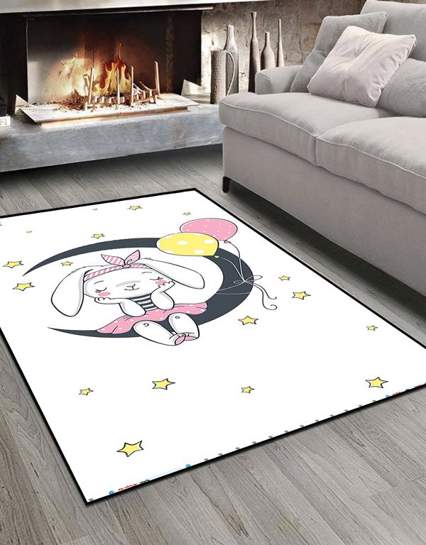 فرش چاپی طرح کودکانه خرگوش نشسته بر هلال ماه