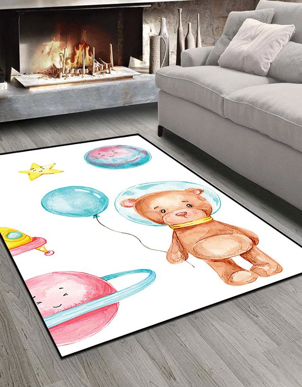 فرش چاپی اتاق نوزاد طرح عروسکی خرس و بادکنک و زحل زمینه سفید