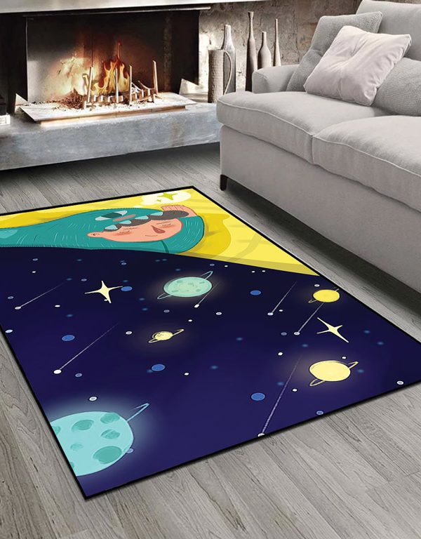 فرشینه چاپی طرح کودکانه دختر در حال استراحت و آسمان شب پر ستاره