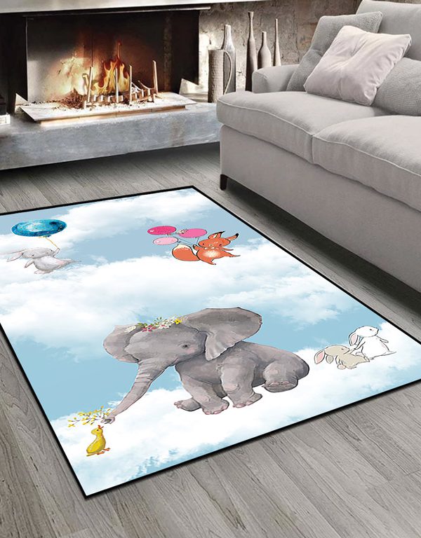 فرش چاپی اتاق نوزاد طرح تخیلی فیل و حیوانات دیگر سوار بر ابر ها